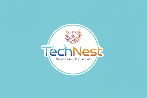 make a logo for my electronic company called tech nest make background the color 50E6F5